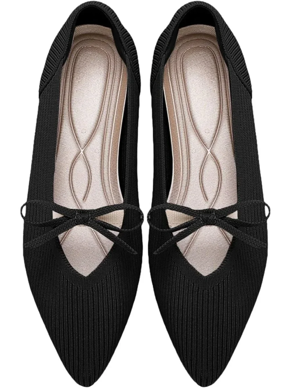 Women's Black Pointed Toe Flats Comfortable Knit Ballet Shoes Washable Dressy